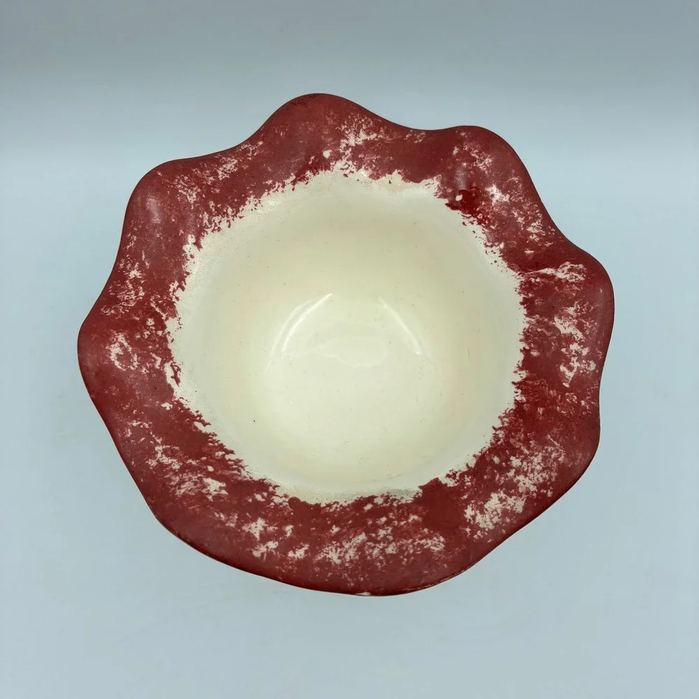 Country Farmhouse Ceramic Potpourri Dip Crock Ruffled Lid Burgundy Cream 4.5in
